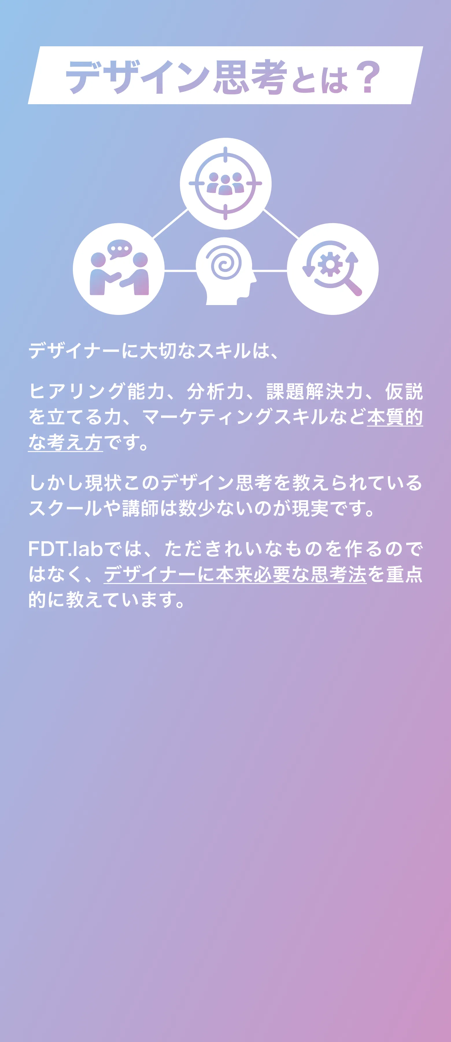 デザイン思考とは？/デザイナーに大切なスキルは、 ヒアリング能力、分析力、課題解決力、仮説を立てる力、マーケティングスキルなど本質的な考え方です。